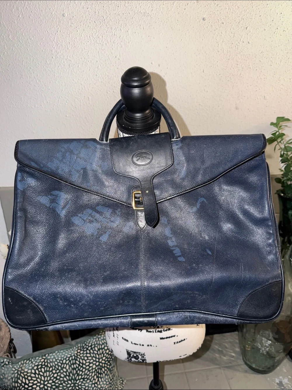 Vintage- Longchamp Navy Blue Leather Men's Briefcase with Top Handle